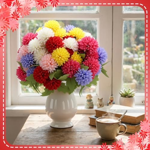 XunYee 12 Pcs Fall Artificial Flowers for Outdoor Faux Mums,Vivid Color