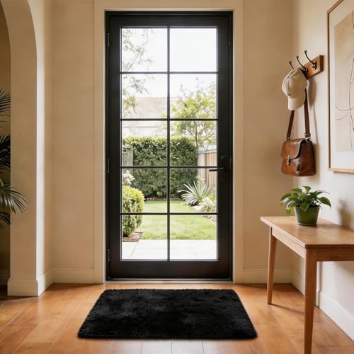 Ophanie Small Black Entryway Throw Rugs for Bedroom, 2x3 Mini Area Rug, Affordable Non Slip Fluffy Carpet, Fuzzy Soft