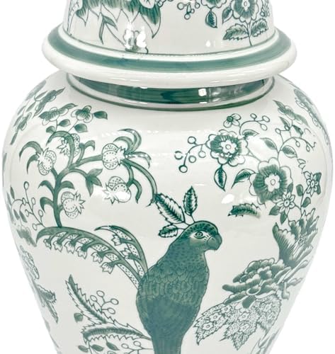 Galt International Veridian Parrot Floral Chinoiserie Ceramic Temple Jar 18" w/Lid - Ginger Jar Home & Kitchen Decor