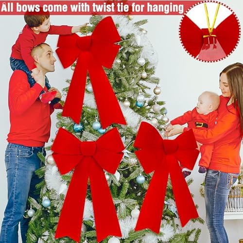12 PCS Christmas Decorations, 12 x 18 Inches Large Christmas Bows, Red Velvet PVC Indoor Outdoor Christmas Tree Bows Wreath Bow Party Supplies Xmas Ornaments for Door Fireplace Stairs Railing