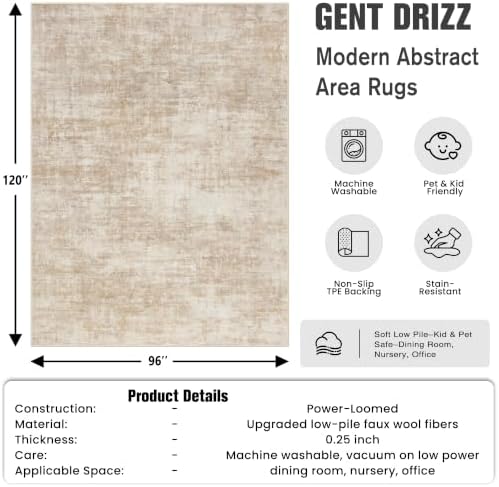 8x10 Area Rugs for Living Room: Washable Abstract Beige Badroom Carpet