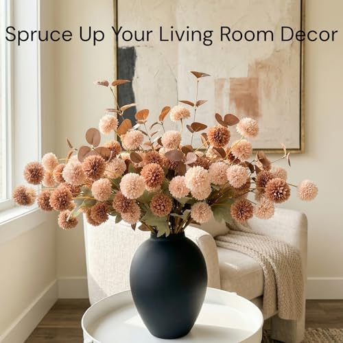 22pcs Artificial Beige & Brown Kiku Flowers with Eucalyptus Stems Bulk, Faux Silk Mum Pom Poms for Vase, Modern
