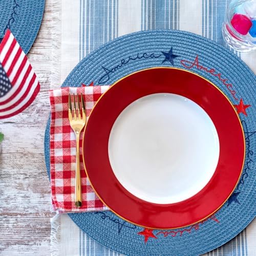 Whaline 4Pcs Round Patriotic Placemats Stars Embroidered Place Mats 4th of July Dinner Table Mats for Independence Day 250th Anniversary Home Birthday Party Decor