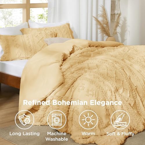 Bedsure Tufted Boho Comforter Set Queen Size - Yellow Boho Bed Set, GentleSoft™ 3 Pieces Farmhouse-Style Embroidery