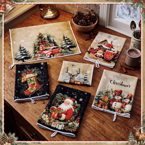 Bencailor 6 Pcs Christmas Kitchen Towel, Red, Black, Brown, Retro Santa