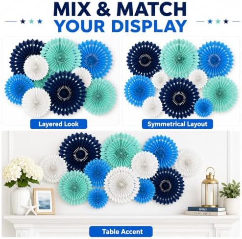 Blue White Hanging Honeycomb Round Paper Fans Decoration Kit for Baby Boy Shower Birthday Navy Ocean Wedding Under The Sea Theme Photo Booth Backdrops Paper Party Supplies 11 Count