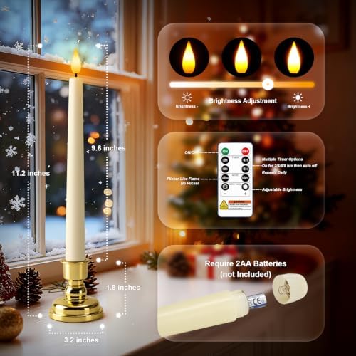 6 Pcs Window Candles with Remote and Timer, Flameless Taper Candles with Gold Holders, Battery Operated Christmas Candle, Ivory LED Candlesticks for Home Window Holiday Xmas Decor
