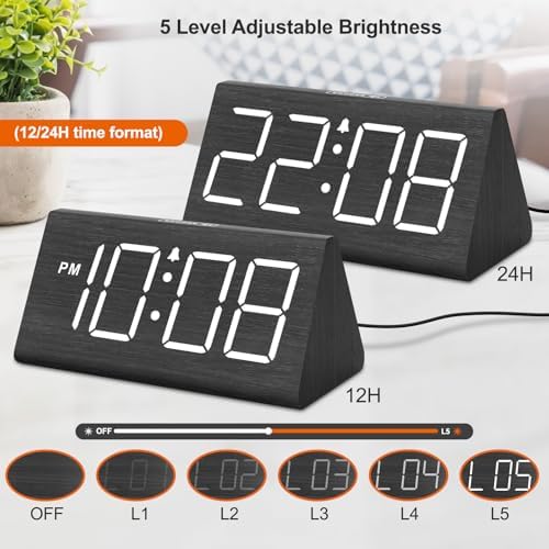 DreamSky Wooden Digital Alarm Clock for Bedroom Living Room, Large Numbers