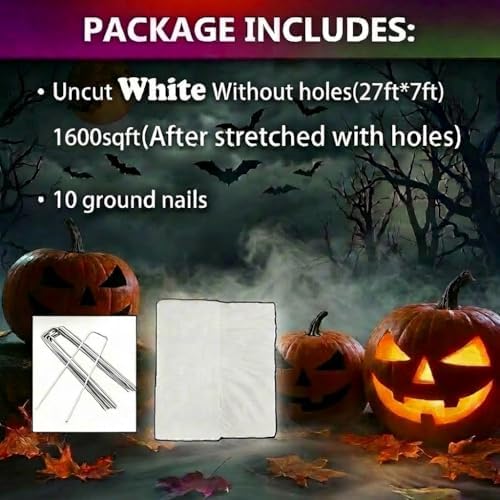 1600 Sqft （After Streched with Holes） Uncut Giant Spider Web Halloween Decorations Outdoor with 10 Ground Nails Stretchy Beef Cloth Netting Cut-Your-Own Flexible Elastic for Yard Party Decor