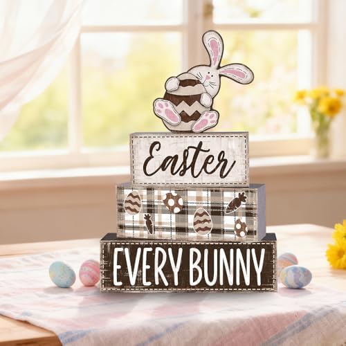 DIYDEC 4Pcs Easter Tabletop Decorations Rabbit Wooden Block Signs Bunny Tiered Tray Decor Happy Easter Centerpiece Farmhouse Wood Bunny Table Sign for Kitchen Home Office Party Decor