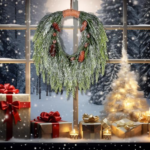 Suncalla Christmas Snowy Norfolk Pine Wreath 16" for Front Door Greenery