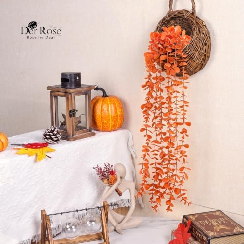 Der Rose 1Pcs Fake Fall Plants Hanging Orange Artificial Potted Faux Eucalyptus Plant Decorations for Fall Thanksgiving