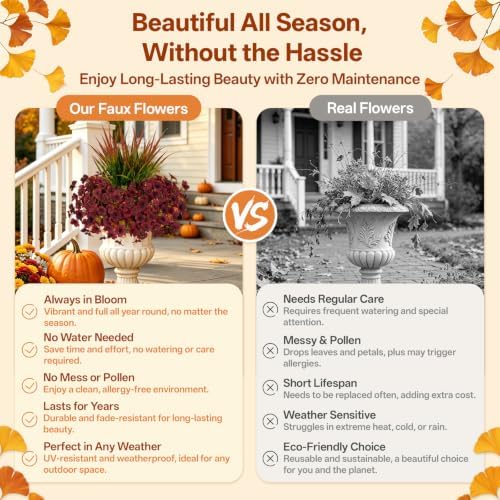 15 PCS Artificial Fall Flowers for Outdoors, Five-Petaled Faux Silk Mums