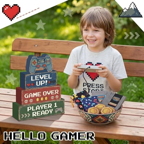 Britimes Tiered Tray Decor Set, 4 Pack, Wooden Table Sign, Video Game