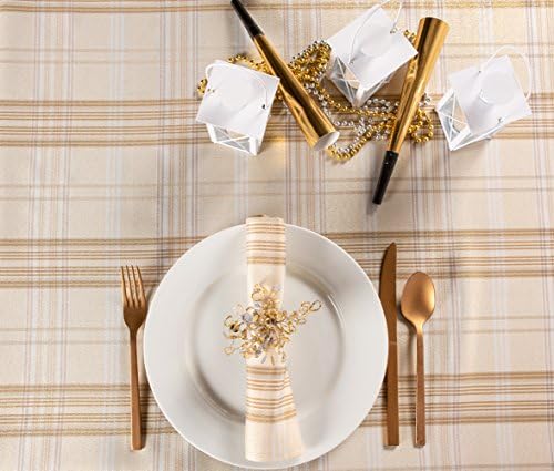 DII Holiday Dining Table & Kitchen Décor Metallic Fabric, Christmas Tablecloth, 52x52 , Gold & Cream Plaid