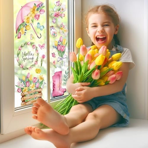Whaline 75 Pcs Spring Summer Tulip Window Clings Tulip Flower Umbrella Truck Window Stickers Hello Spring Double-Side Glass Decals for Home Office School Party Shop Display Decoration