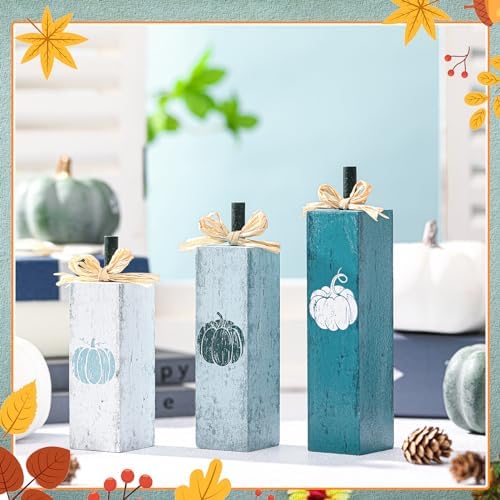 Redbaker 3 Pcs Fall Table Decorations, Blue Fall Pumpkin Centerpieces