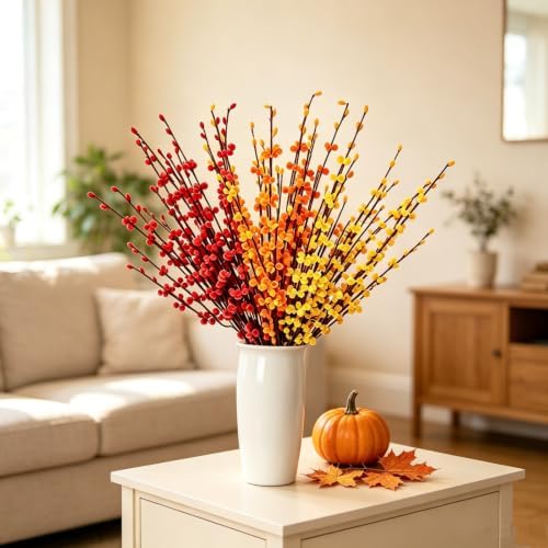 12Pcs Artificial Jasmine Flowers,21.6" Fake Branches for Home Valentine St. Patrick Independence Halloween Fall Christmas Party Decor,Red Yellow Orange