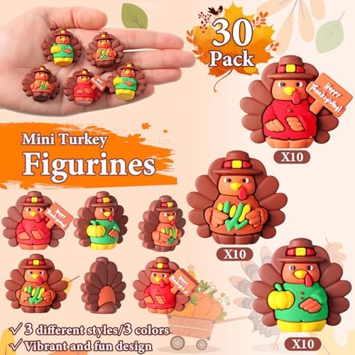 Domensi 30 Pcs Thanksgiving Mini Turkey Figurine Tiny Fall Turkey Figures to Hide and Seek Pumpkin Corn Rubber Small Chicken Statue for Fall Thanksgiving Home Table Dollhouse Decorations(Vibrant)