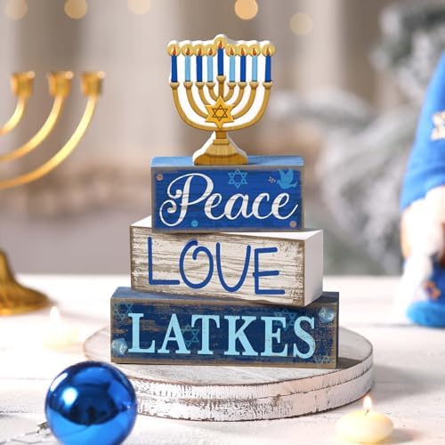 Lineshading 4 Pcs Hanukkah Decorations for Home Wooden Menorah Decor