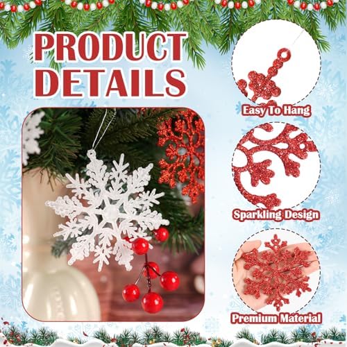 36pcs White Silver and Red Christmas Snowflake Ornaments, Plastic Glitter Hanging Snow Flakes for Christmas Tree Decorations Winter Wonderland Frozen Birthday Party Home Decor Craft Snowflakes
