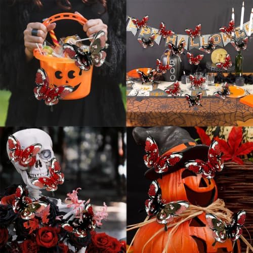 Halloween Butterfly Wall Stickers Skull Rose 3D Butterflies Wall Decoration Red Butterfly Designs Holiday Gift Decor for Party Home Office Shop Decorations Supplies-12 Pcs