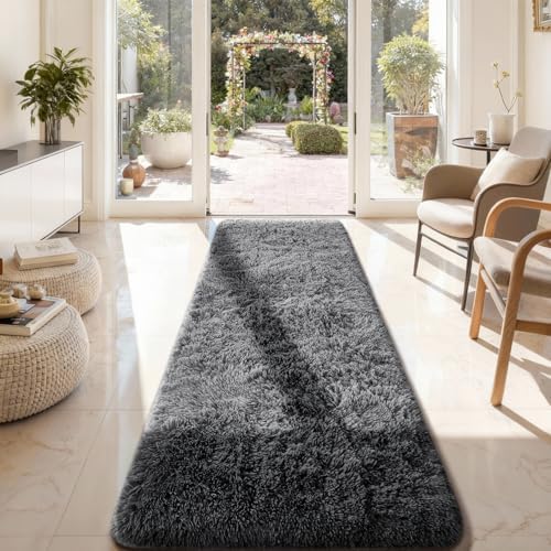Ophanie 2x8 Runner Rug for Hallway, Upgrade Non-Slip Fluffy Soft Bedside Rugs, Bedroom Living Room Grey Shaggy Gray