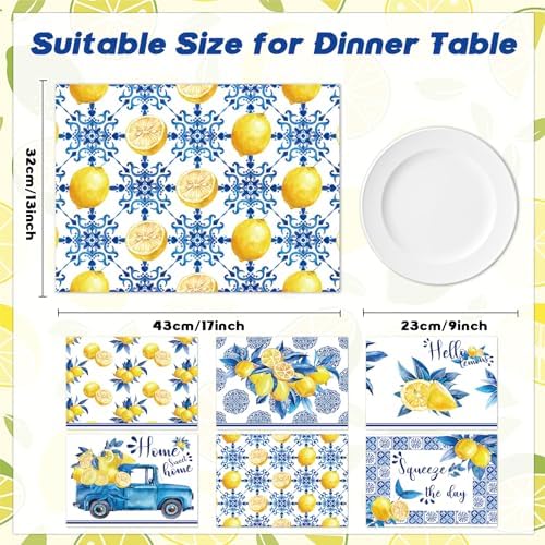 OBUSATT Blue and Yellow Lemons Placemats Set of 6 17×12 Inch Summer Lemon