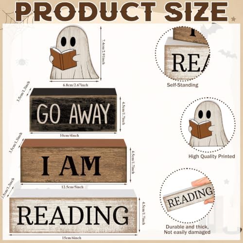 Moucuny 4 Pcs Halloween Table Decor Wooden Ghost Reading Stacked Block Sign