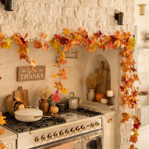 CQURE 8 Pack Fall Leaf Garland, Total 47.2Ft Artificial Fall Maple Leaves Autumn Vines Garland Thanksgiving Decor for Home Fireplace Party