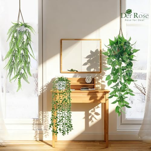 Der Rose 4Pcs Fake Hanging Plants with White Pots for Bright Shelf Decor