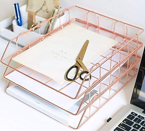Rose 4-Tier Stackable Paper Tray Desk Organizer | Workspace Decorative Stacking Rack Supplies Holder, Metal Letter