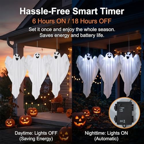 3 Packs Halloween Decorations Outdoor - BCLGSHINE Lighted Hanging Ghost Decorations with 45 LEDs, 32 Inch Halloween-Ghost Lights for Porches, Party, Yards, Gardens, Lawn