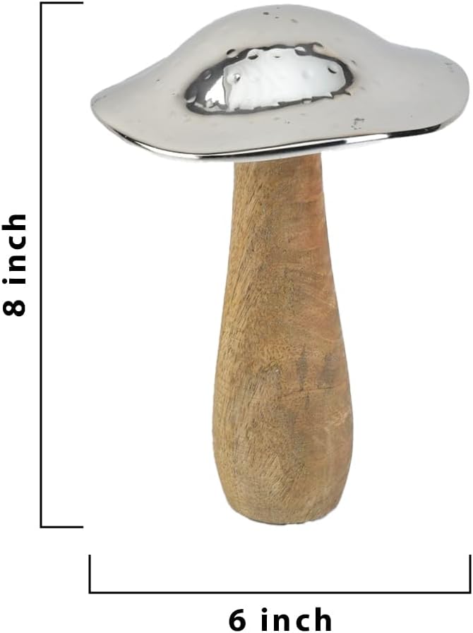 8- Wood and Hammered Metal Mushroom Sculpture Decor / Large - Single / Silver