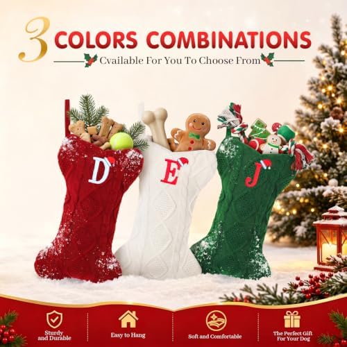 Christmas Stockings with Initials, Letter K Pet Cat Dog Name Bone Shape Knitted Xmas Stockings, Christmas Party Fireplace Family Hanging Stocking Decorations(1 Pack, Red)