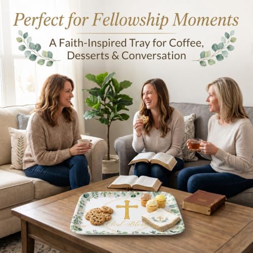 Vesici 4 Pack Eucalyptus God Bless Melamine Serving Trays, 13 x 10 Inch Rectangular Religious Decorative Platters with Gold Cross, Durable Serving Plates for Baptism, First Communion & Church Events