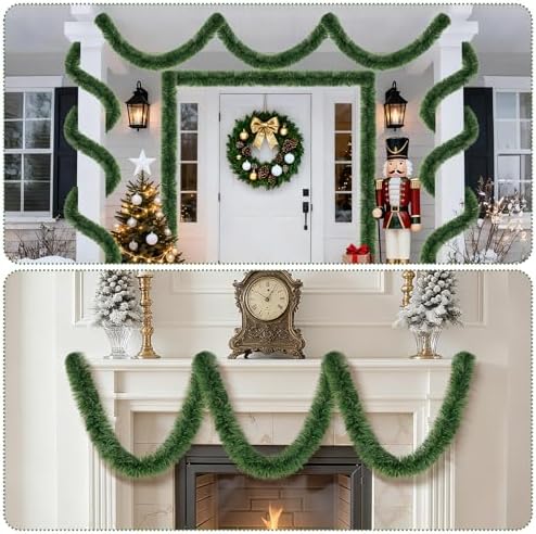 50Ft Green Christmas Garland for Decorations, Artificial Christmas Tinsel Greenery Outdoor Indoor Garlands, Straight Faux PVC Soft Garland for Stairs Railing Fireplace Window Mantle Home Party Decor