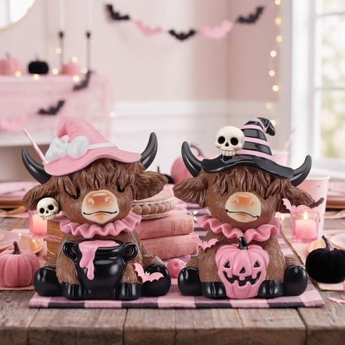 Karenhi 2 Pcs Pink Halloween Cow Figurines Resin Statues Tabletop Desk