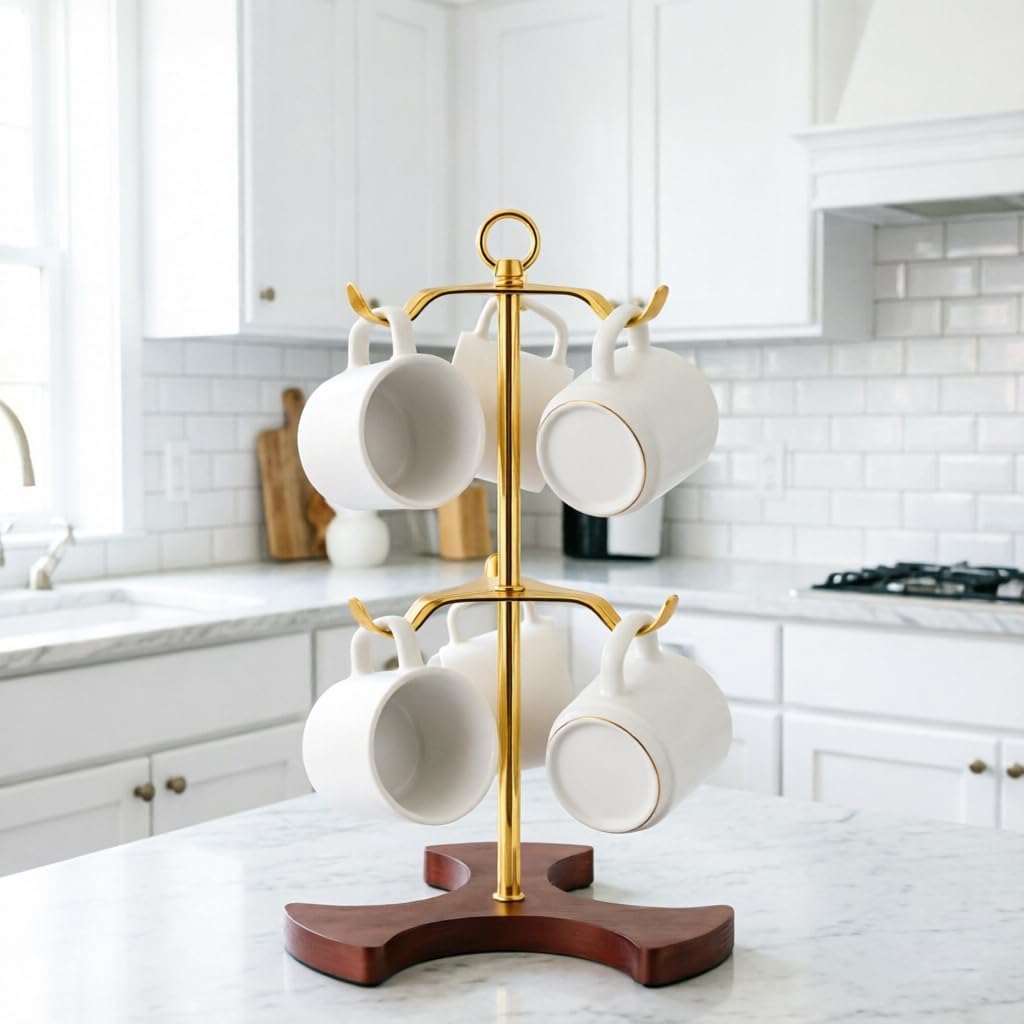 Gold Mug Tree for Countertop - 2-Tier Coffee Mug Holder Rack for 6 Large Mugs (5oz-20oz) - Sturdy Metal & Solid Wood