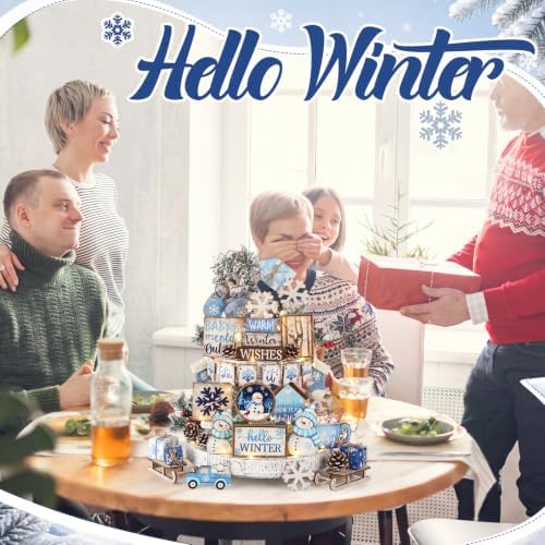 Shellwei 23 Pcs Christmas Tiered Tray Decor Set, Blue Snowman Wood Signs