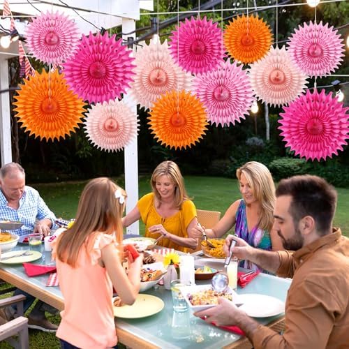 12PCS Paper Fans Orange and Hot Pink Party Decorations Tissue Paper Flowers Decorations for Girl Groovy Birthday Baby Shower Wedding Bachelorette Room Wall Hanging Décor