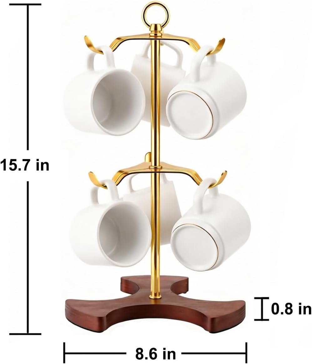 Gold Mug Tree for Countertop - 2-Tier Coffee Mug Holder Rack for 6 Large Mugs (5oz-20oz) - Sturdy Metal & Solid Wood