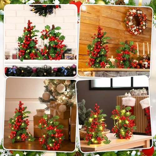 Qinyoung 2 Pcs Lighted Christmas Cone Tree Rattan Table Decoration 12'' 10'' Xmas Artificial Rattan Red Berries Green Leaves Table Centerpiece Cone Tree 2 Various Sizes for Winter Party Village Decor