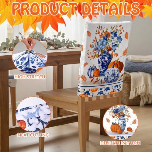 6 Pcs Fall Chair Covers, Blue Vase Pumpkin Slipcovers
