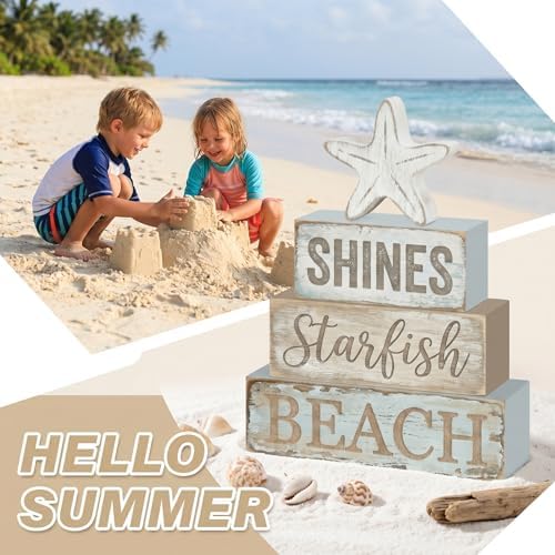 Britimes Coastal Nautical Tiered Tray Decor Set, 4 Pack, Wooden Table Sign