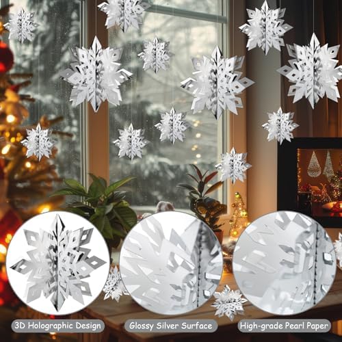 Snowflake Decorations, Paper Christmas Hanging Decor Indoor, Silver, 36-Pc