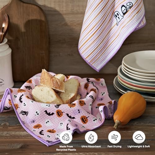 RECYCO Halloween Waffle Kitchen Towel Set of 2 - Quick Dry Microfiber Sustainable Dish Towels - Absorbent Reusable Cleaning Tea Towels - Lightweight Hand Towels,16”x 28”, Pink Boo