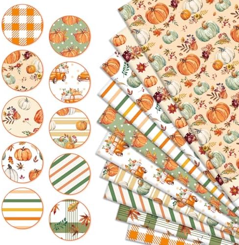 Whaline 10 Pcs Fall Cotton Fabric Bundles Pumpkin Truck Leaves Fat Quarters Green Orange Autumn Thanksgiving Quilting Patchwork for DIY Sewing Craft Decor, 18 x 22 Inch