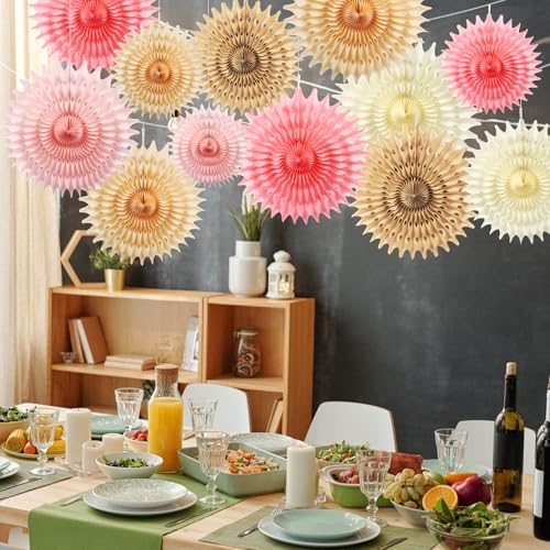 12PCS Paper Fans Champagne Gold Beige Boho Party Decorations Tissue Paper Flowers Decorations for Girl Groovy Birthday Baby Shower Wedding Bachelorette Room Wall Hanging Décor