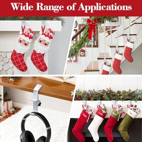 4 Pack Stocking Holders for Mantle for Christmas Decorations,2 in 1 Mantle Garland Holder for Hanging Christmas Stockings,No Drilling Required & Adjustable Garland Hanger, Metal(White)